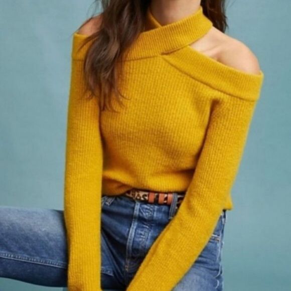 Moth by Anthropologie Crossover Neck Sweater Wool Alpaca Knit Mustard Yellow M - Picture 1 of 14